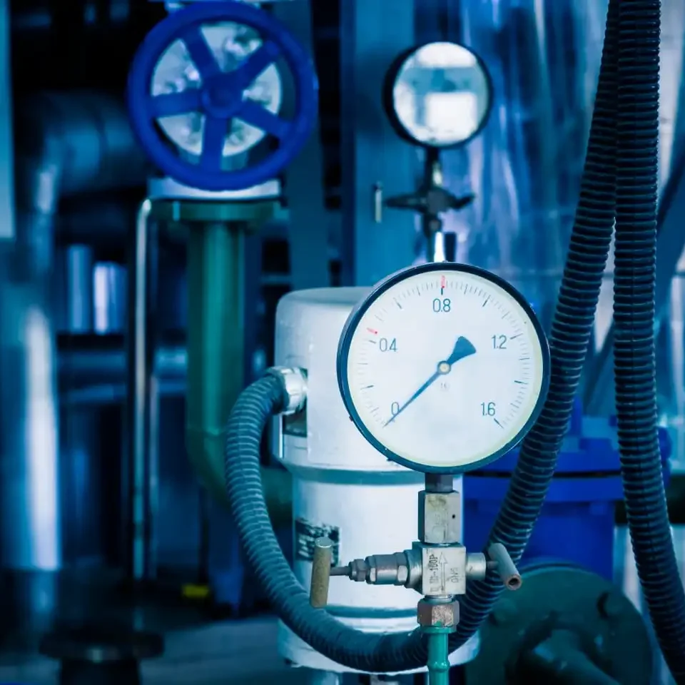 Close-up of an industrial chiller system, highlighting pressure gauges and control valves, essential for regulating temperature in large-scale cooling operations.