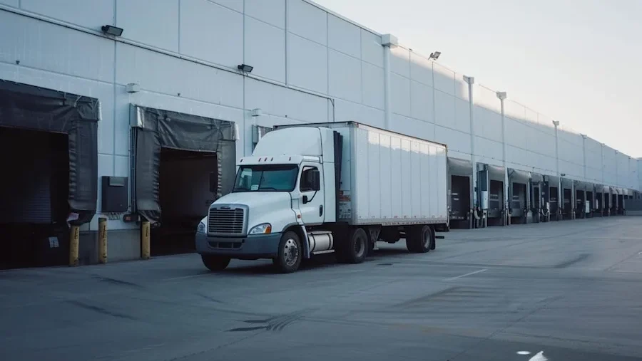 A refrigerated truck parked at a loading dock, ready to transport perishable goods.