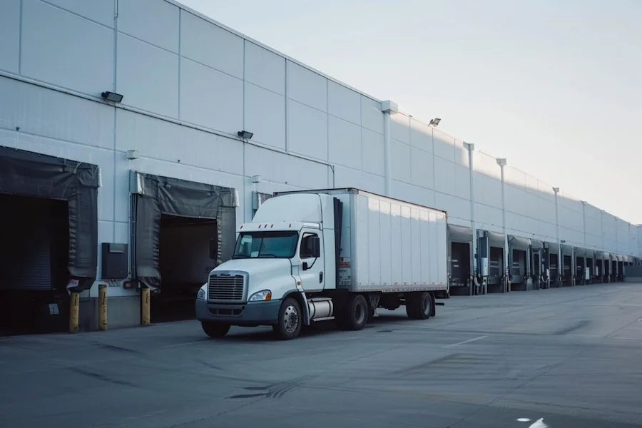 A refrigerated truck parked at a loading dock, ready to transport perishable goods.